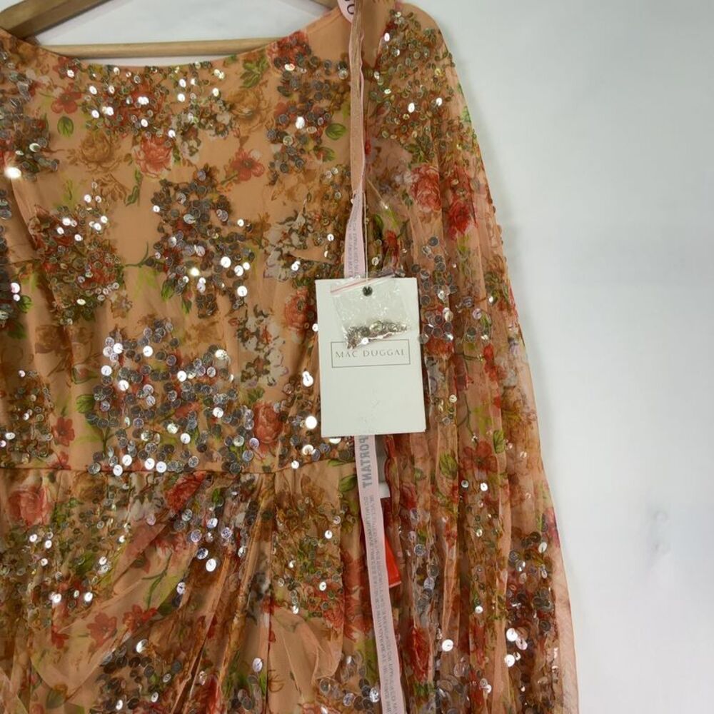 Mac Duggal Floral Print Sequined Puff Sleeve Gown - Picture 3 of 4